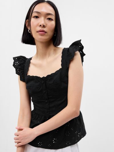 Μαύρο Eyelet Corset Peplum Top-665485002