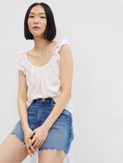 Άσπρο Eyelet Scoopneck Τοπ-663061001