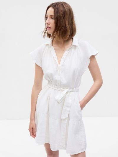 Άσπρο Crinkle Gauze Flutter Sleeve Mini Πουκάμισο Φόρεμα-665886002