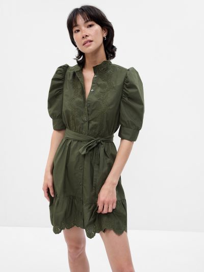 Πράσινο Puff Sleeve Eyelet Mini Φόρεμα-792564000