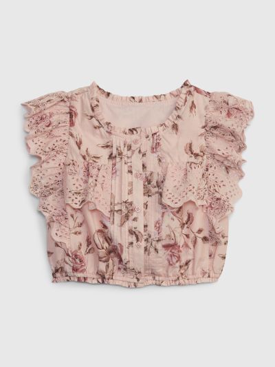Ροζ Gap × LoveShackFancy Παιδικό Φλοράλ Ruffle Button-Front Τοπ-786979000