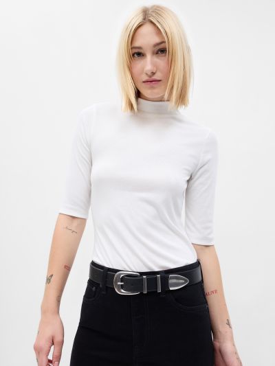 Άσπρη Mini Rib Mockneck Μπλούζα-794339001