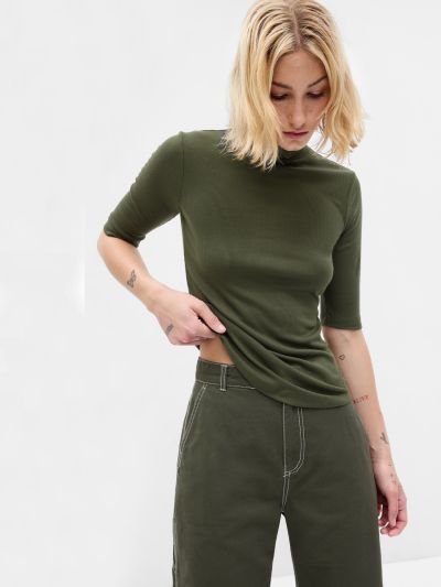 Πράσινη Mini Rib Mockneck Μπλούζα-794339000