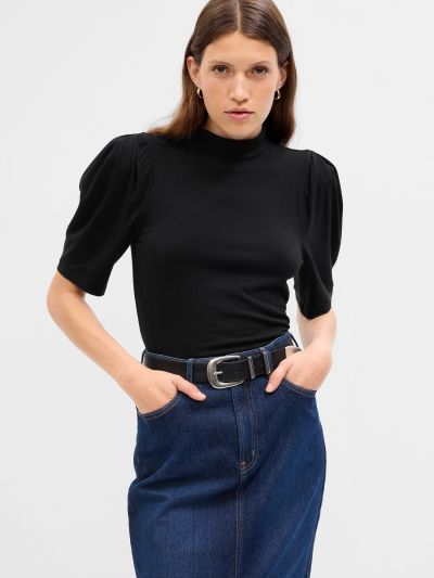 Μαύρη Puff Sleeve Jersey Μπλούζα-747073004