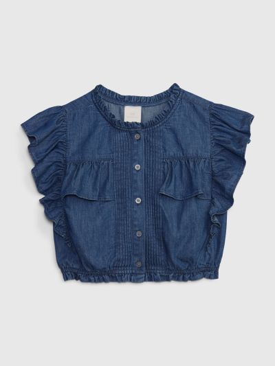 Μπλε Gap × LoveShackFancy Παιδική Denim Ruffle Button-Front Τοπ με Washwell-786958000