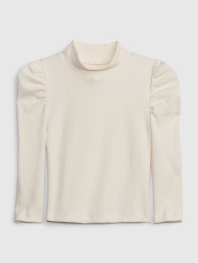 Μπεζ Νηπιακή Puff Sleeve Rib Μπλούζα-785808003