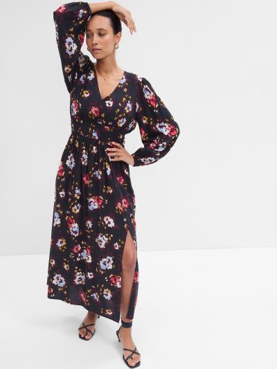 Μαύρο Smocked V-Neck Maxi Φόρεμα-736056001