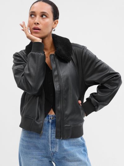 Μαύρο Faux-Leather Bomber Πανωφόρι-723627000