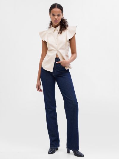 Vegan Leather Flutter Sleeve Shirt-742561001