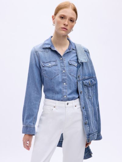 Μπλε Fitted Denim Western Πουκάμισο με Washwell-770107001