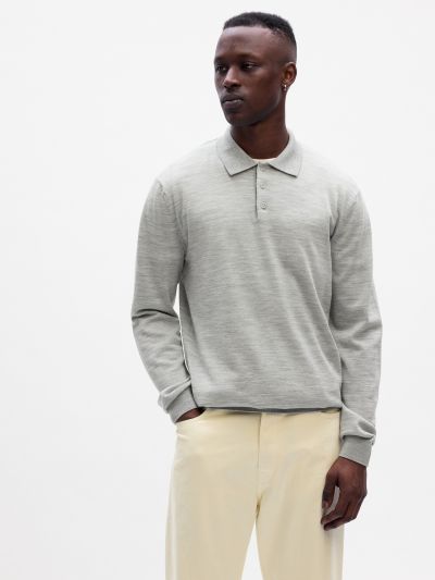 Γκρι Merino Wool Polo Μπλούζα-787105003