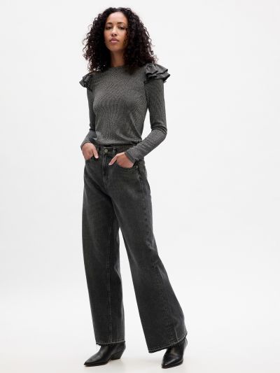 Μαύρη Ribbed Shine Ruffle Μπλούζα-823137000