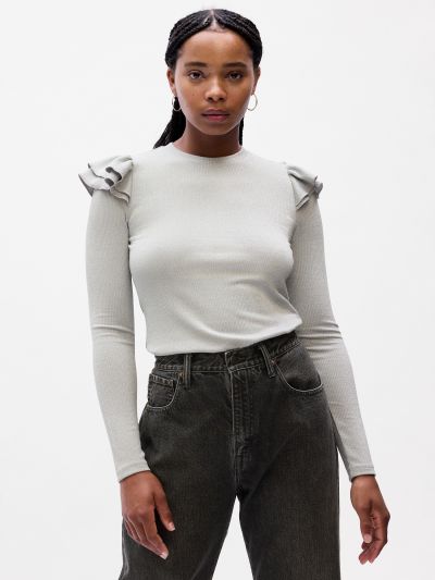 Ribbed Shine Ruffle Μπλούζα-823137001