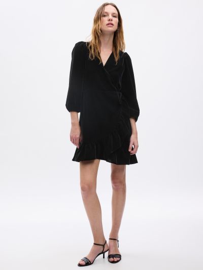 Μαύρο Velvet Wrap Mini Φόρεμα-826657002