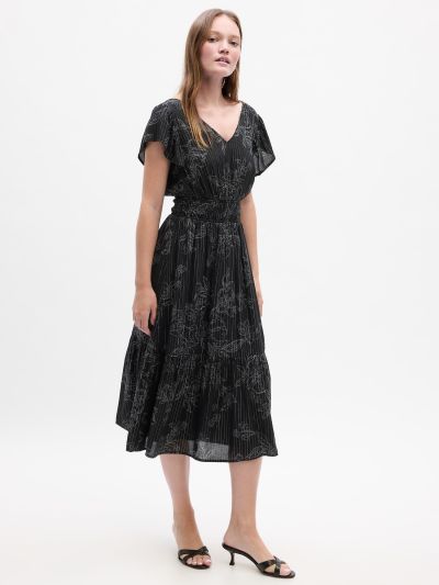 Μαύρο Smocked Print Flutter-Sleeve Midi Φόρεμα-825383000