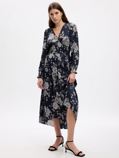 Μπλε Smocked Floral Maxi Φόρεμα-816650001