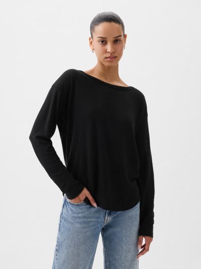 Μαύρη Linen-Blend Boatneck Μπλούζα-878218001