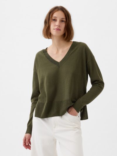 Πράσινο 24/7 Split-Hem Linen-Blend Πουλόβερ-854769003