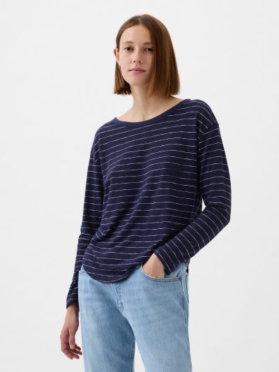 Μπλε Linen-Blend Boatneck Μπλούζα-878218000
