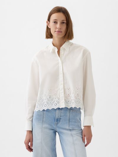 Άσπρο Eyelet Cropped Πουκάμισο-876046001
