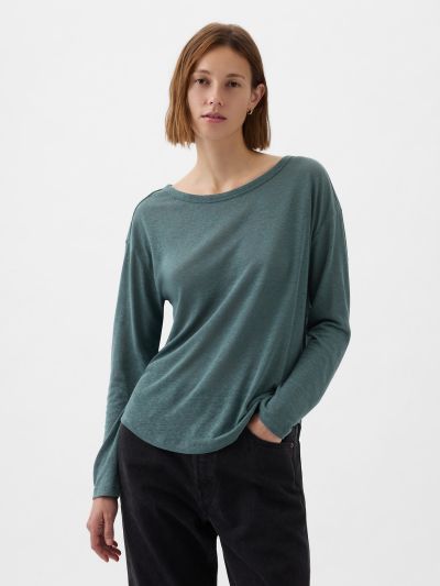 Πράσινη Linen-Blend Boatneck Μπλούζα-878218004