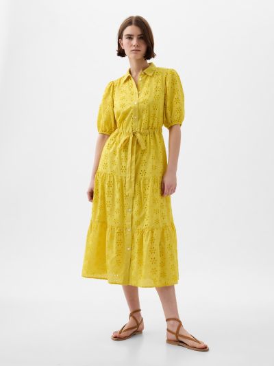 Κίτρινο Eyelet Tiered Midi Φόρεμα-880339001