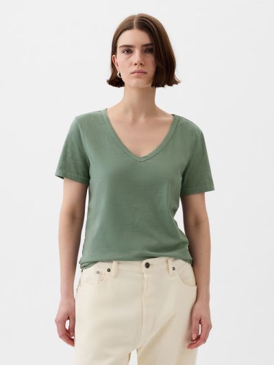 Πράσινη Vintage V-Neck Μπλούζα από Οργανικό Βαμβάκι-740140065