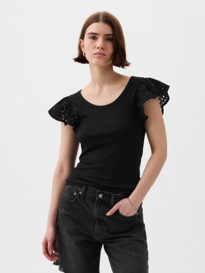 Μαύρη Eyelet Sleeve Rib Μπλούζα-878234000