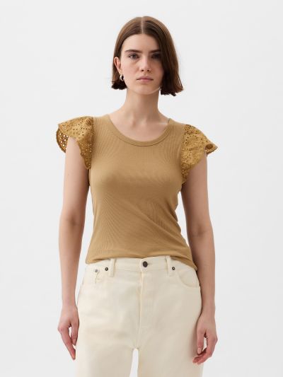 Καφέ Eyelet Sleeve Rib Μπλούζα-878234001