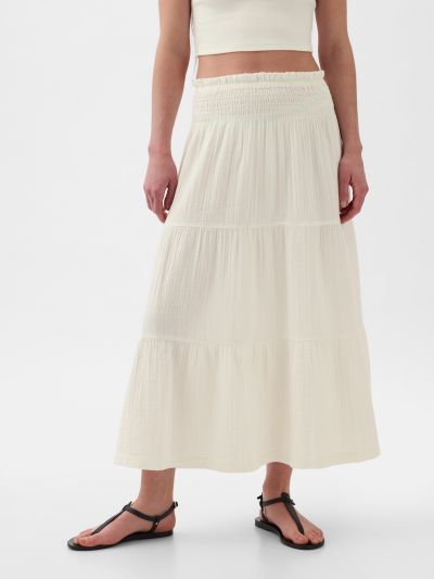 Άσπρη Crinkle Gauze Tiered Midi Φούστα-857496002