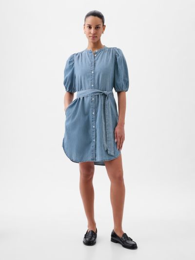 Μπλε Puff Sleeve Denim Mini Φόρεμα-855096000