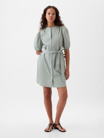 Πράσινο Λινό-Βαμβάκι Puff Sleeve Mini Πουκάμισο Φόρεμα-857634001