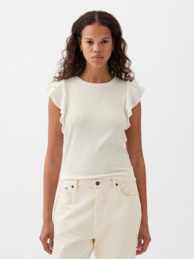 Άσπρη Essential Rib Flutter Sleeve Μπλούζα-855372003