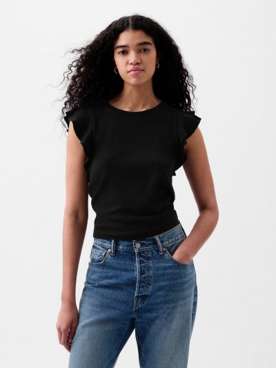 Μαύρη Essential Rib Flutter Sleeve Μπλούζα-855372000