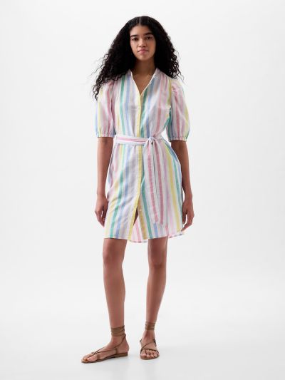 Multi Linen-Cotton Puff Sleeve Mini Πουκάμισο-Φόρεμα-857634000