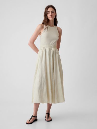 Μπεζ Crinkle Gauze Midi Φόρεμα-888694001