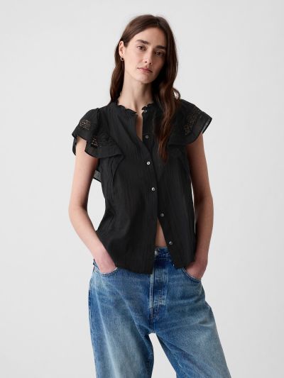 Μαύρη Crinkle Gauze Flutter Sleeve Μπλούζα-876108000