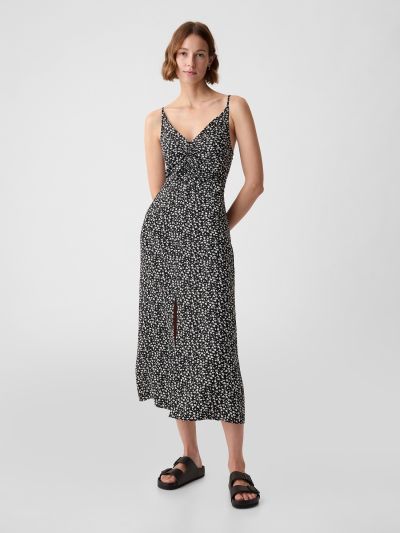 Μαύρο Ruched Slip Midi Φόρεμα-880265000