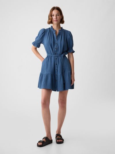 Μπλε Crinkle Gauze Denim Mini Φόρεμα-873496000