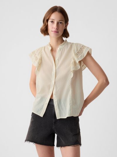 Μπεζ Crinkle Gauze Flutter Sleeve Μπλούζα-876108001