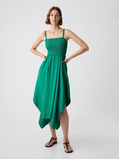 Πράσινο Smocked Handkerchief Hem Midi Φόρεμα-880272001