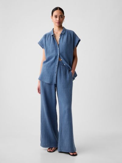 Μπλε High Rise Crinkle Gauze Wide-Leg Παντελόνι-875131000