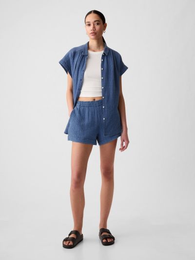 Μπλε Crinkle Gauze Denim Easy Σορτς-884448000