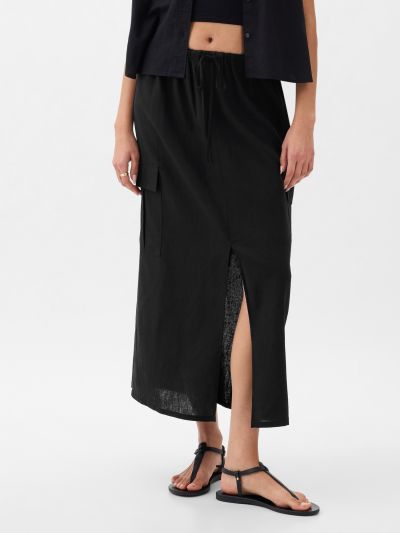 Μαύρη Linen-Blend Cargo Midi Φούστα-875088000