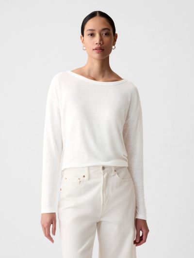 Άσπρη Linen-Blend Boatneck Μπλούζα-878218003
