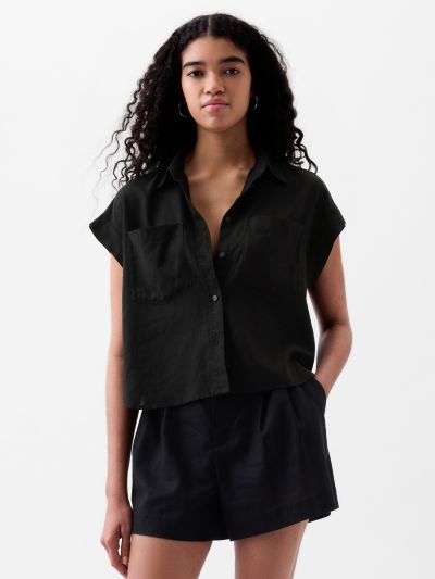 Μαύρο Linen-Blend Cropped Πουκάμισο-875993001