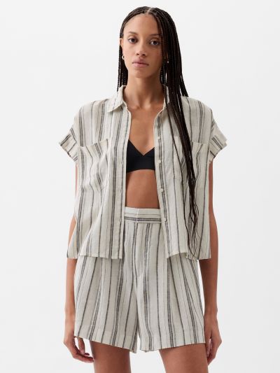 Μπεζ Linen-Blend Cropped Πουκάμισο-875993003
