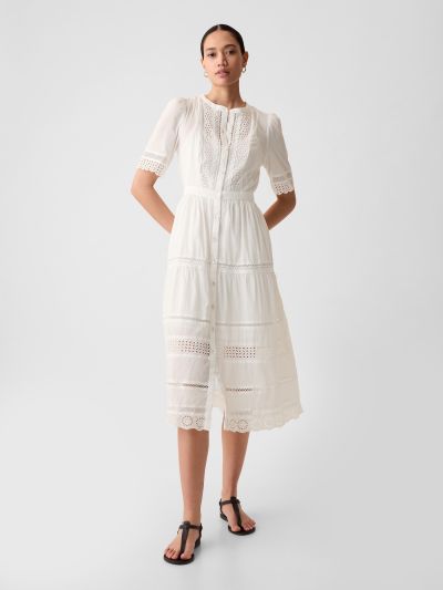 Άσπρο Lace Midi Φόρεμα-880287002