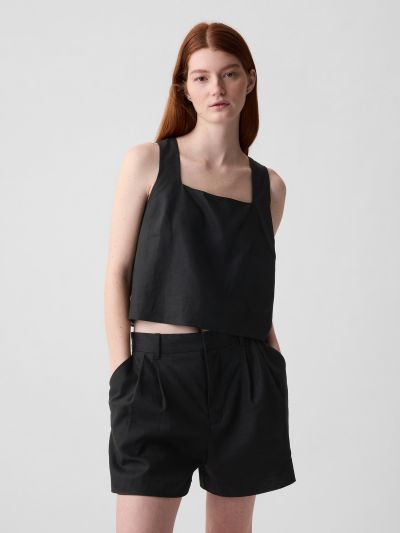 Linen-Blend Button-Back Cropped Tank Top-417117001
