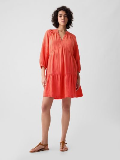 Κόκκινο Crinkle Gauze Tiered Mini Φόρεμα-429447002